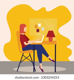 Home office concept, coworking woman working from home sitting on a sofa, student or freelancer. Cute illustration in flat style Vector 