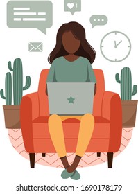 Home office concept, dark skinned girl with laptop sitting on the chair. Woman working from home. Freelance or studying, student or freelancer concept. Cute vector illustration in flat style. EPS 10