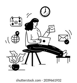 Home office concept with employee sitting and doing online job, glyph illustration 