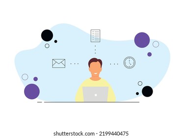 Concepto de oficina en el hogar, autónomo, estudiante, hombre, joven. Ilustración vectorial. Estilo moderno de un portátil. El hombre trabaja en una laptop. Estilo plano. Bien por banner, post, anuncios. Lugar de trabajo.