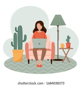 Home office concept, girl with laptop sitting on the chair. Woman working from home. Freelance or studying, student or freelancer concept. Cute vector illustration in flat style. EPS 10 format