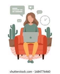 Home office concept, girl with laptop sitting on the chair. Woman working from home. Freelance or studying, student or freelancer concept. Cute vector illustration in flat style. EPS 10 format