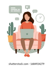 Home office concept, girl with laptop sitting on the chair. Woman working from home. Freelance or studying, student or freelancer concept. Cute vector illustration in flat style. EPS 10 format