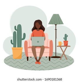 Home office concept, girl with laptop sitting on the chair. Dark skinned woman working from home. Freelance or studying, student or freelancer concept. Cute vector illustration in flat style. EPS10