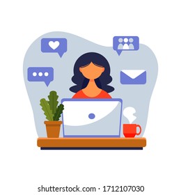 Home office concept, girl with laptop. Woman working from home. Freelance or studying, student or freelancer concept. Vector illustration in flat style.