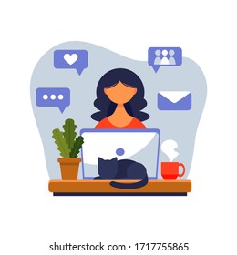 Home office concept, girl with laptop. Woman working from home. Freelance or studying, student or freelancer concept. Vector illustration in flat style.