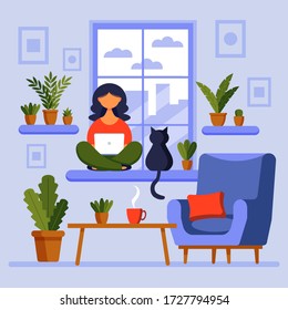 Home office concept, girl with laptop. A woman works from home sitting on the window. Freelance or studying, student or freelancer concept. Vector illustration in flat style.