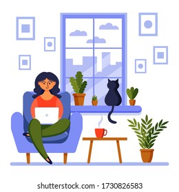 Home office concept, girl with laptop. A woman works from home sitting on the window. Freelance or studying, student or freelancer concept. Vector illustration in flat style.
