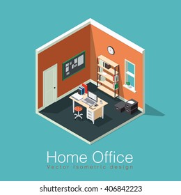 Home Office Concept Isometric Vector Illustration. Isometric Side View Interior Home Office Room With Bookshelf, Desk, Notes Board, Clocks, Box, Chair, Books, Laptop / Computer, Papers, Coffee Cup.