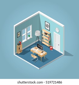Home Office Concept Isometric Vector Illustration. Detailed Isometric Side View Interior Home Office Room With Bookshelf, Desk, Clocks, Box, Chair, Books, Laptop / Computer, Papers, Coffee Cup.