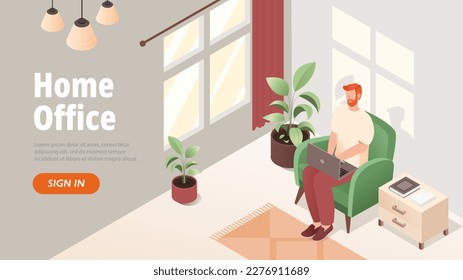 Home office concept. Man with laptop sits on armchair in comfortable and cozy apartment. Freelancer or remote employee in workplace. Earnings on Internet. Cartoon isometric vector illustration
