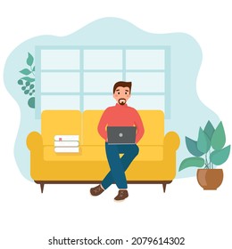 Home office concept, man sitting on a sofa working, student or freelancer. Vector illustration in flat style