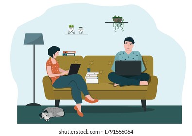 Home office concept, man and woman working from home, sitting on the couch, students or freelancers. Vector illustration in flat style.