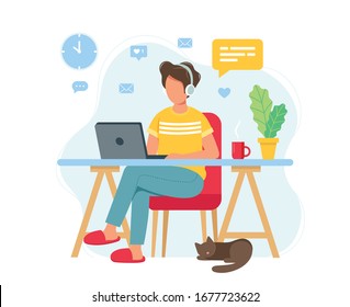 Home office concept, man working from home, student or freelancer. Cute vector illustration in flat style