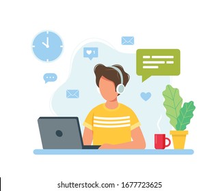 Home office concept, man working from home, student or freelancer. Cute vector illustration in flat style