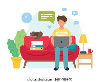 Home office concept, man working from home sitting on a sofa, student or freelancer. Cute vector illustration in flat style