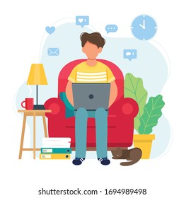 Home office concept, man working from home sitting on a chair, student or freelancer. Cute vector illustration in flat style