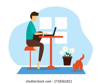 Home office concept, man working from home, student or freelancer. Vector illustration in flat style.
