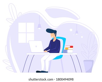 Home office concept, man working from home, student or freelancer. Cute vector illustration in flat style.
