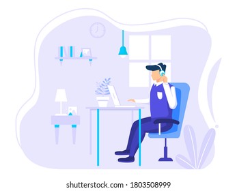 Home office concept, man working from home, student or freelancer. vector illustration in flat style.