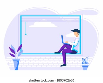 Home office concept, man working from home, student or freelance worker sitting at the window. vector illustration of working at home in flat style.