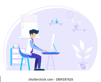 Home office concept, man working from home, student or freelance worker. vector illustration of working at home in flat style.