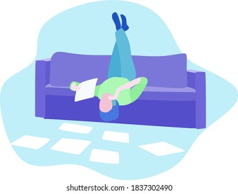 Home office concept, man working from home and speaks on the phone. The man lies head down on the couchPeople at home in quarantine. Cute flat vector illustration.