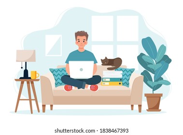 Home office concept, man working from home sitting on a sofa, remote work concept