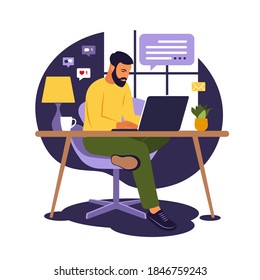 Home office concept, man working from home. Student or freelancer. Freelance or studying concept. Vector illustration. Flat style.