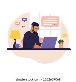 Home office concept, man working from home. Student or freelancer. Freelance or studying concept. Vector illustration. Flat style.
