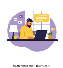 Home office concept, man working from home. Student or freelancer. Freelance or studying concept. Vector illustration. Flat style.