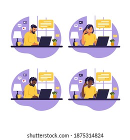Concepto de oficina en casa, hombre trabajando desde casa. Estudiante o independiente. Concepto independiente o de estudio. Ilustración vectorial. Estilo plano.