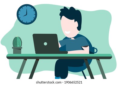 Home office concept, man working from home, student or freelancer on laptop in In the house at the office