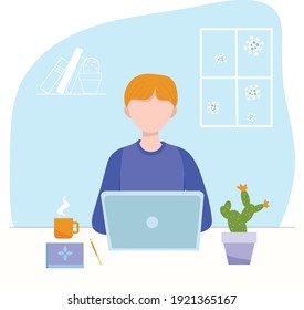 Concepto de oficina en casa, hombre trabajando desde casa. hombre con laptop, educación o concepto de trabajo. Oficina doméstica durante el concepto de brote de coronavirus.