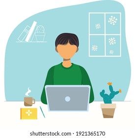 Home office concept, man working from home. man with laptop, education or working concept. Home office during coronavirus outbreak concept.