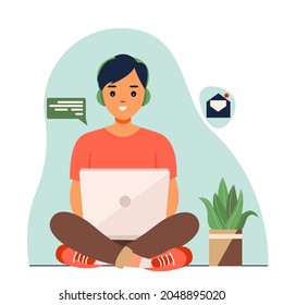 Home office concept, man working from home sitting on a sofa, student or freelancer. Cute vector illustration in flat style. The man is sitting at the laptop. Chat or send messages via laptop.
