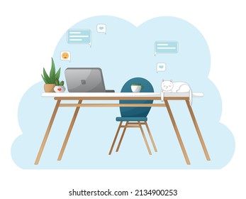 Home office concept man working at home, student or freelancer communicating on social media, workplace	