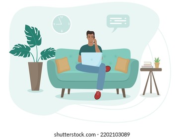 Home office concept, man working from home sitting on sofa, female freelancer or student. Flat style. Vector illustration 