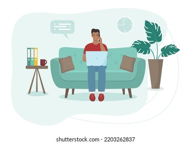 Concepto de oficina en casa, hombre trabajando desde casa sentado en un sofá, mujer independiente o estudiante. Estilo plano. Ilustración del vector 