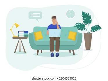 Concepto de oficina en casa, hombre trabajando desde casa sentado en un sofá, mujer independiente o estudiante. Estilo plano. Ilustración del vector 