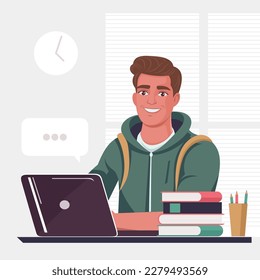 Concepto de oficina en el hogar, hombre que trabaja desde el hogar, estudiante o independiente. Estudiante sonriente en la laptop. Ilustración del vector
