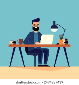 Home office concept, man working from home, student or freelancer. Cute vector illustration in flat style