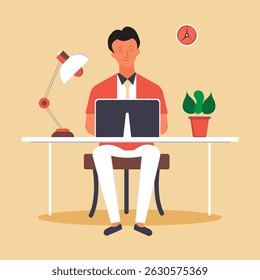 Conceito de escritório doméstico, homem trabalhando em casa. Estudante ou freelancer. Conceito freelance ou estudo