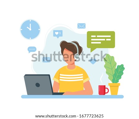 Home office concept, man working from home, student or freelancer. Cute vector illustration in flat style