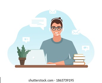 Home office concept, online education. Man with headphones and a laptop working from home, student or freelancer. Vector illustration in flat style.