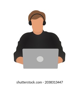 Home office concept, online education. Man with headphones and a laptop working from home, student or freelancer. Vector illustration in flat style.