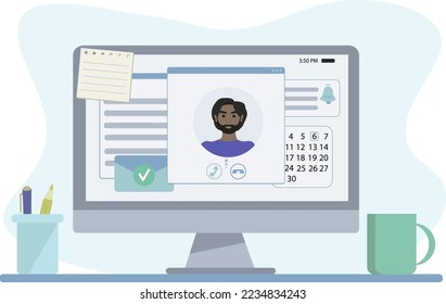 Home office concept. Online meeting with colleagues or friends. Vector illustration for cards, posters, flyers.