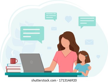 Home office concept. Remote work. Mom and daughter chatting remotely in front of a computer. 