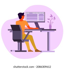 Home office, the concept of remote work, work at the computer, freelancing, desk work. A man with glasses is sitting at the computer, looking at the monitor. Vector illustration