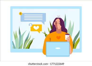 Home office concept with smiling young woman, coffee cup, plants. Female freelancer communicating online using laptop. Illustration in flat cartoon style with happy girl
